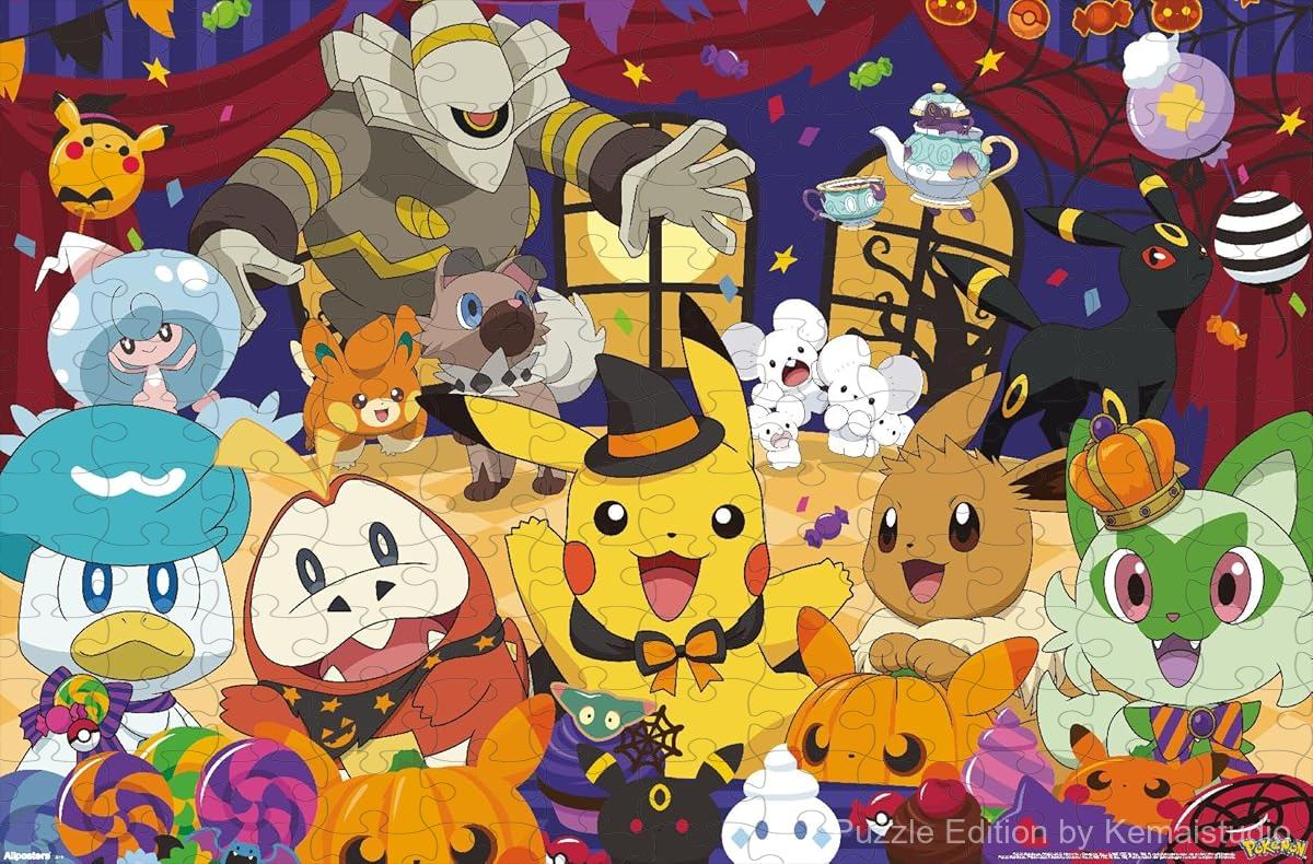 Wooden puzzle featuring Pokemon dressed up for Halloween, showcasing a fun and festive vibe