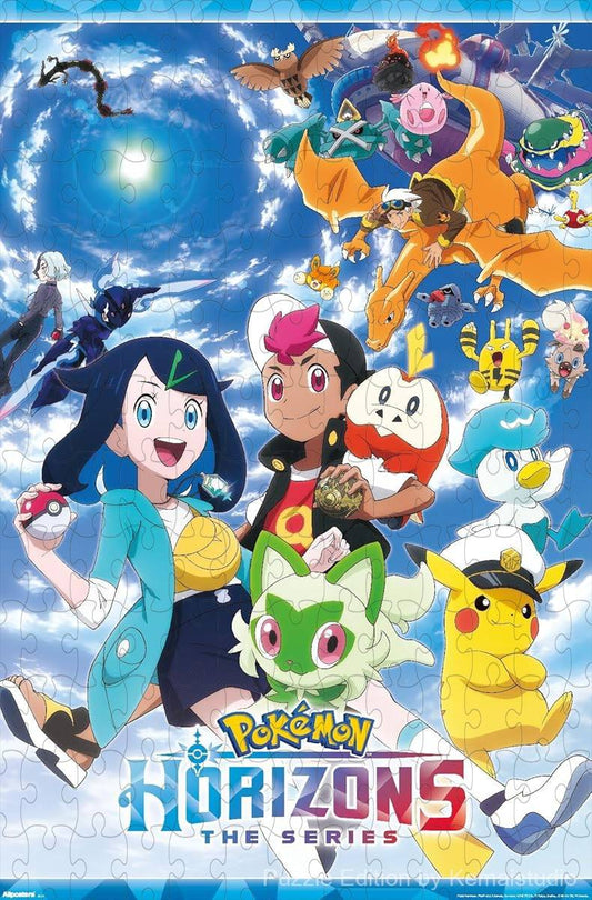 Wooden puzzle featuring the main characters from Pokemon Horizons Season 2, with colorful group visuals