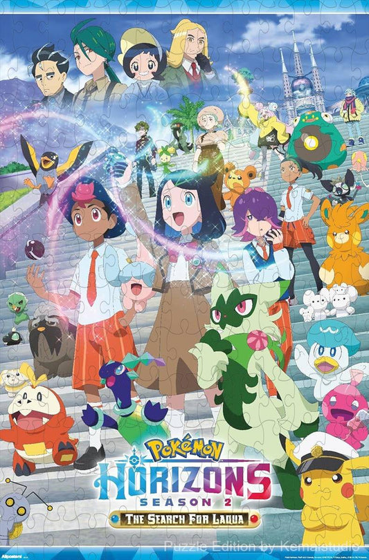 Wooden puzzle featuring the Pokemon Horizons Season 2 key art, focused on the search for Laqua