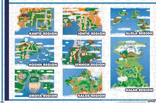 Wooden puzzle featuring a Pokemon map grid design, with vibrant colors and iconic Pokemon