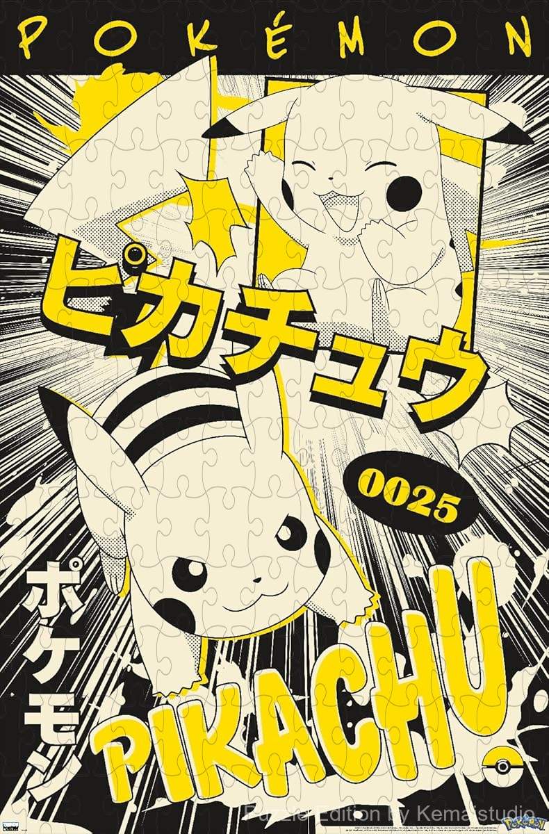 A comic-style wooden puzzle featuring Pikachu, capturing his playful spirit