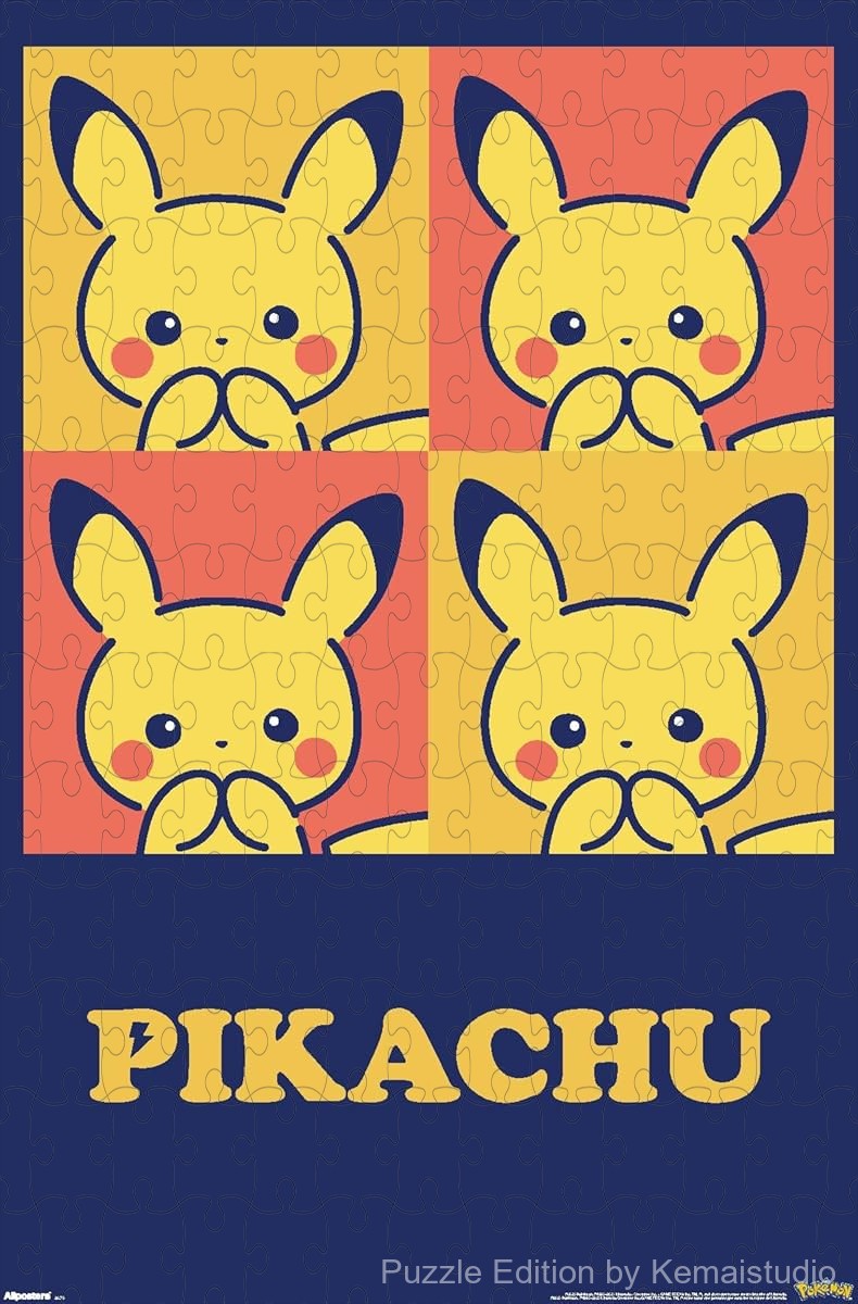 Wooden puzzle featuring Pikachu in various cute poses, with a charming and colorful collection