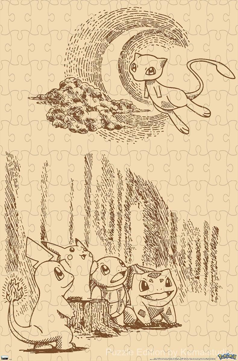 Wooden puzzle featuring a sepia-toned scene with Pokemon, offering a unique and nostalgic design
