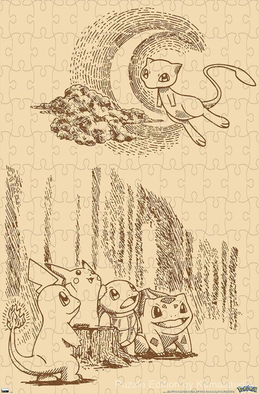 Wooden puzzle featuring a sepia-toned scene with Pokemon, offering a unique and nostalgic design