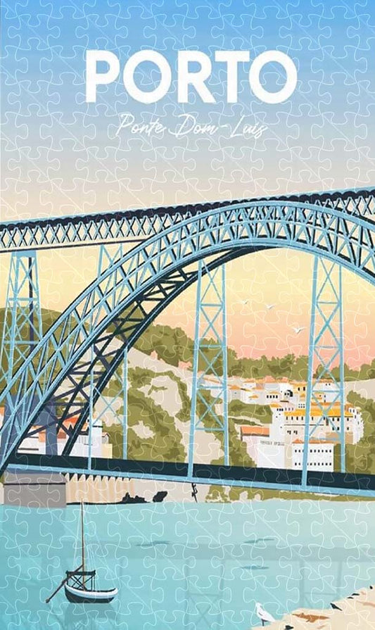 Porto vintage travel poster jigsaw puzzle for adults, 1000-piece wooden puzzle of Porto’s beautiful riverfront and architecture.