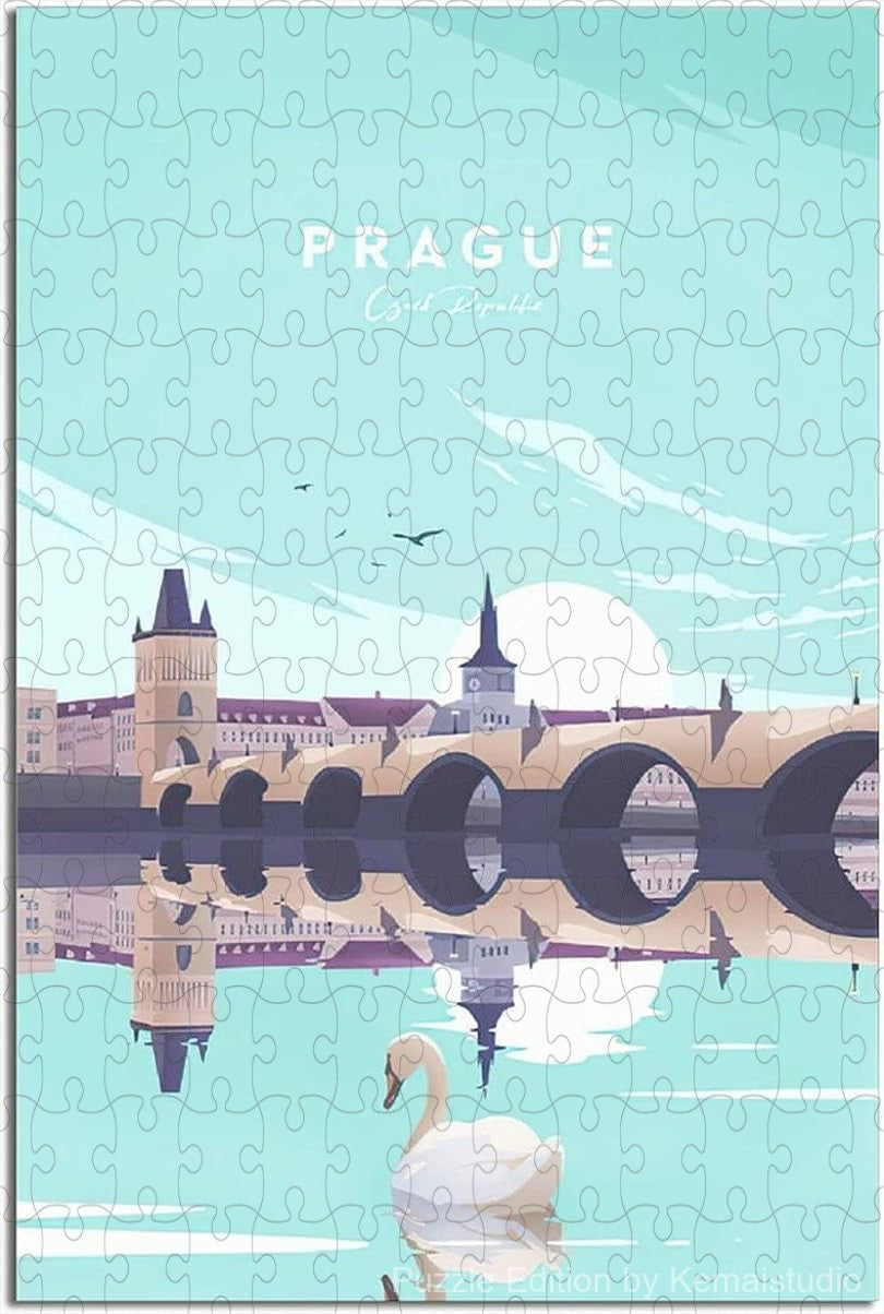 Prague city puzzle with old town and castle in vintage travel art