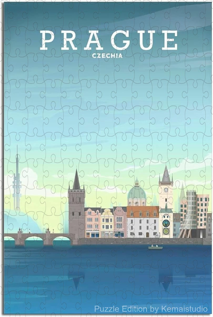 Illustrated jigsaw puzzle showing Prague's vintage skyline in travel poster style