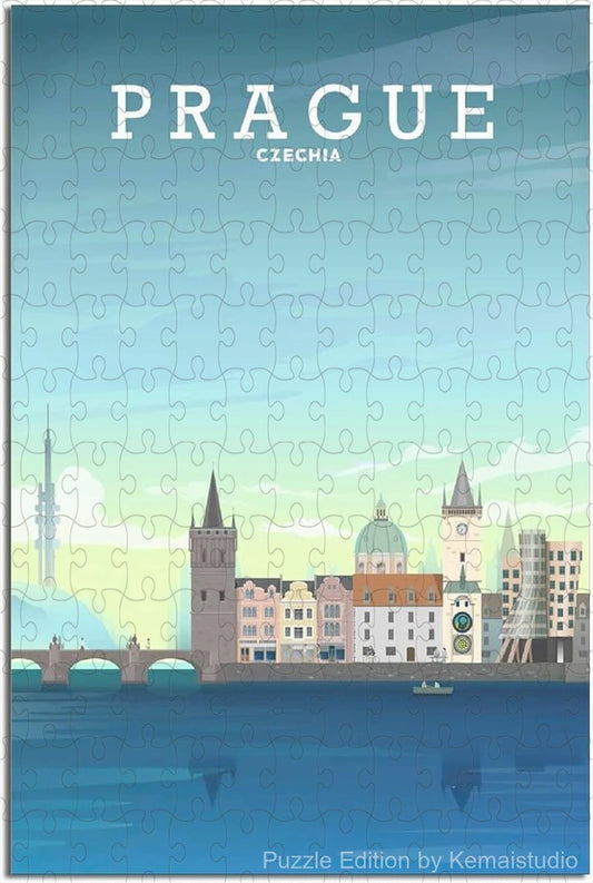 Illustrated jigsaw puzzle showing Prague's vintage skyline in travel poster style