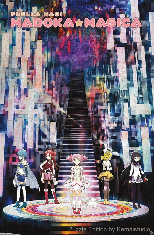 Wooden puzzle featuring iconic scenes from Puella Magi Madoka Magica, with high-definition print