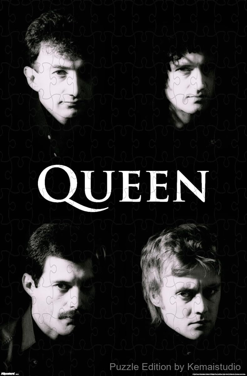 A striking black and white puzzle of Queen, perfect for collectors and minimal decor styles