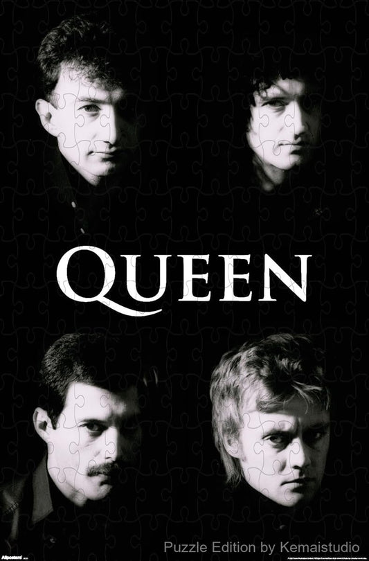 A striking black and white puzzle of Queen, perfect for collectors and minimal decor styles