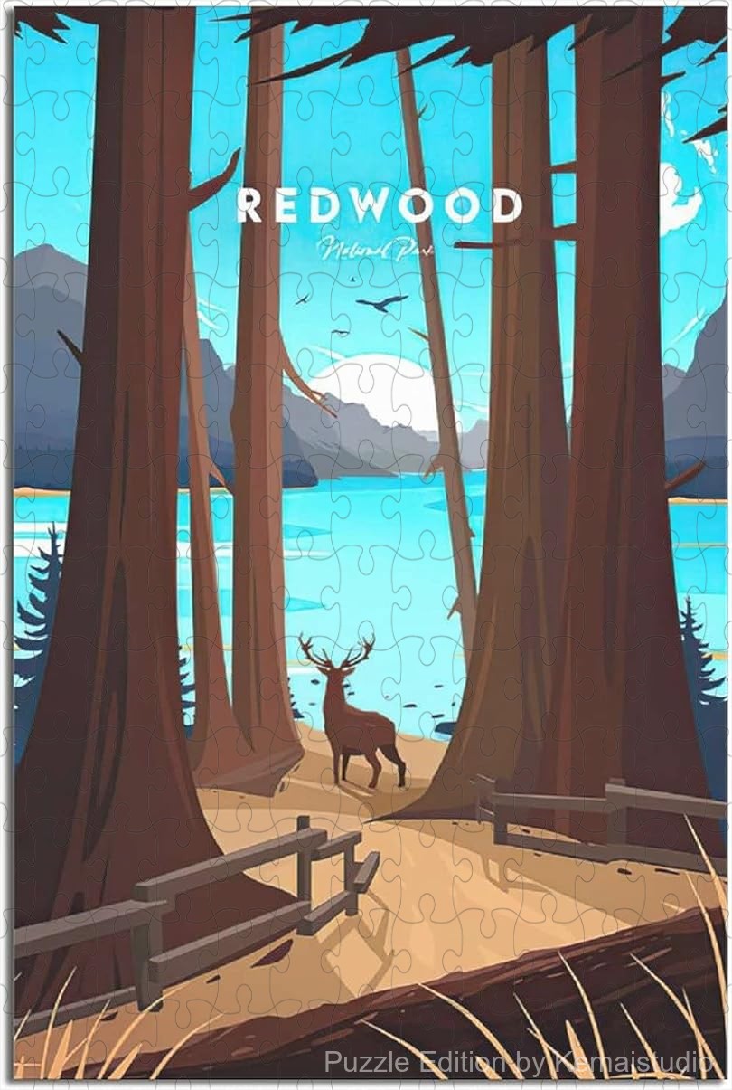 Explore Redwood National Park with this vintage travel poster puzzle, a large wooden jigsaw for family fun and decor