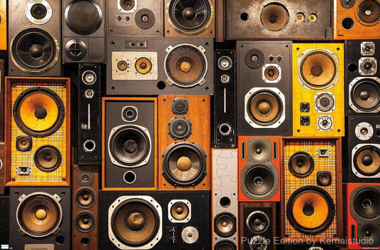 A nostalgic collage puzzle featuring retro speaker arrays, perfect for home wall art