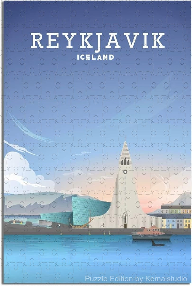 Explore Reykjavik's unique skyline with this vintage travel poster puzzle, a relaxing wooden jigsaw for adults