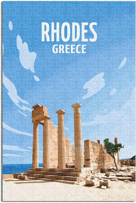 Discover Rhodes, Greece again with this vintage travel poster jigsaw puzzle, a 1000-piece puzzle showcasing its iconic coastline.