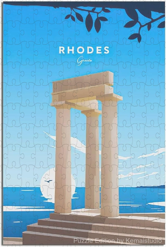 Enjoy Mediterranean vibes with Rhodes vintage travel poster puzzle, a relaxing wooden jigsaw art piece for home and fun