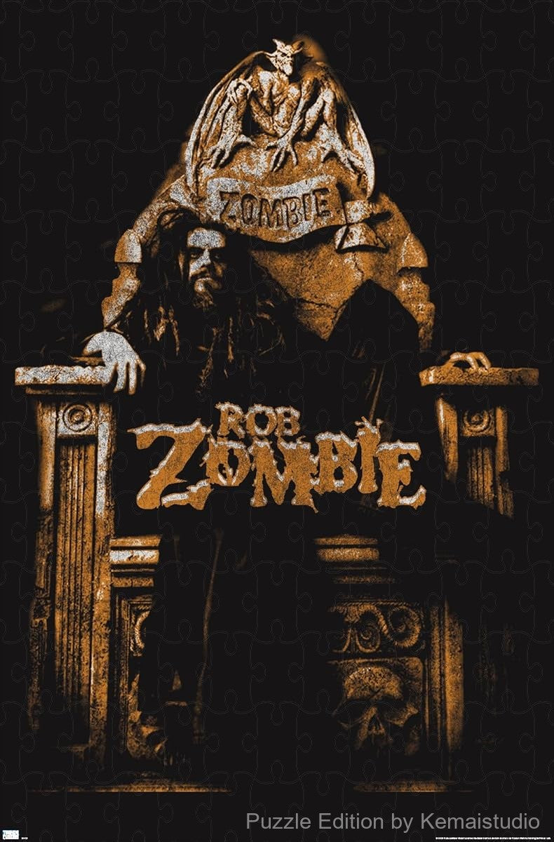 A fierce and gothic puzzle showing Rob Zombie seated on a demonic throne, ideal for horror lovers