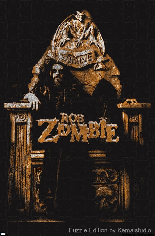 A fierce and gothic puzzle showing Rob Zombie seated on a demonic throne, ideal for horror lovers
