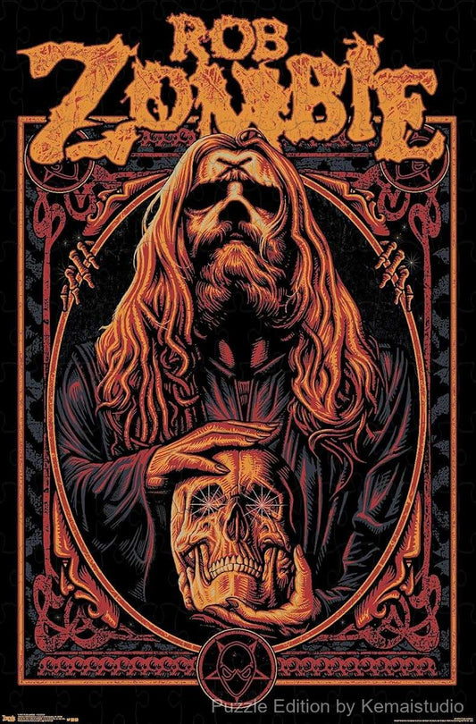 A haunting and dark image of Rob Zombie with occult themes and metal vibes