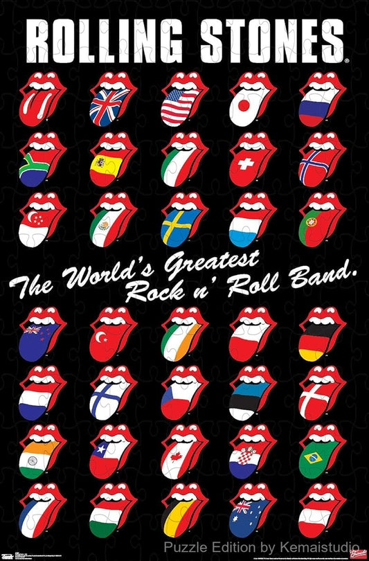 A bold grid-style collage puzzle of the Rolling Stones, great for fans and iconic wall art lovers