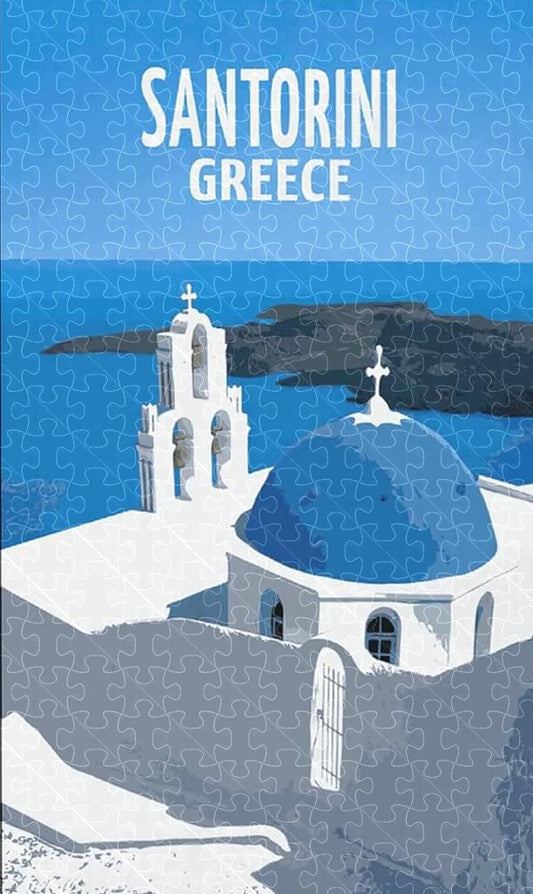 Santorini Greece vintage travel poster jigsaw puzzle for adults, 1000-piece wooden puzzle of Santorini's stunning views and architecture.
