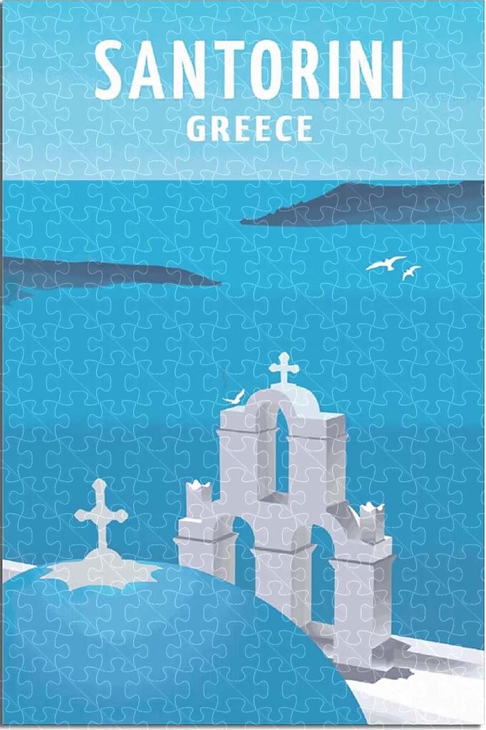 Santorini’s breathtaking views, 1000-piece wooden puzzle of the famous white-washed buildings and deep blue waters.