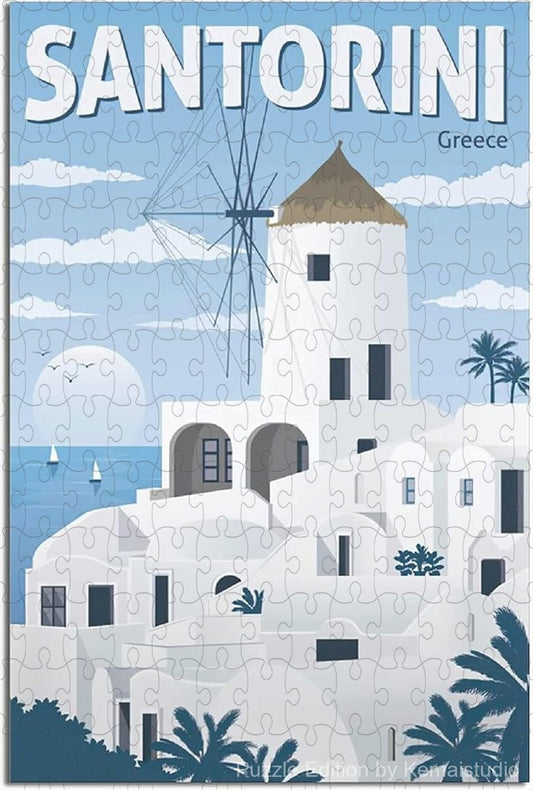 Greek island puzzle with classic Santorini poster and national park art