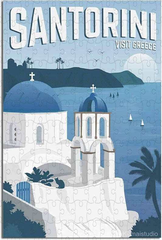 Classic Greece Santorini poster puzzle in vintage travel art style