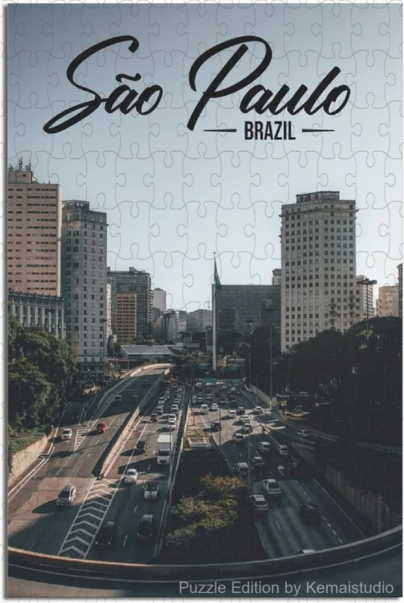 Wooden puzzle featuring the modern skyline of Sao Paulo, full of urban architectural details