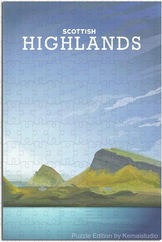 Puzzle image of the Scottish Highlands with vintage travel poster style