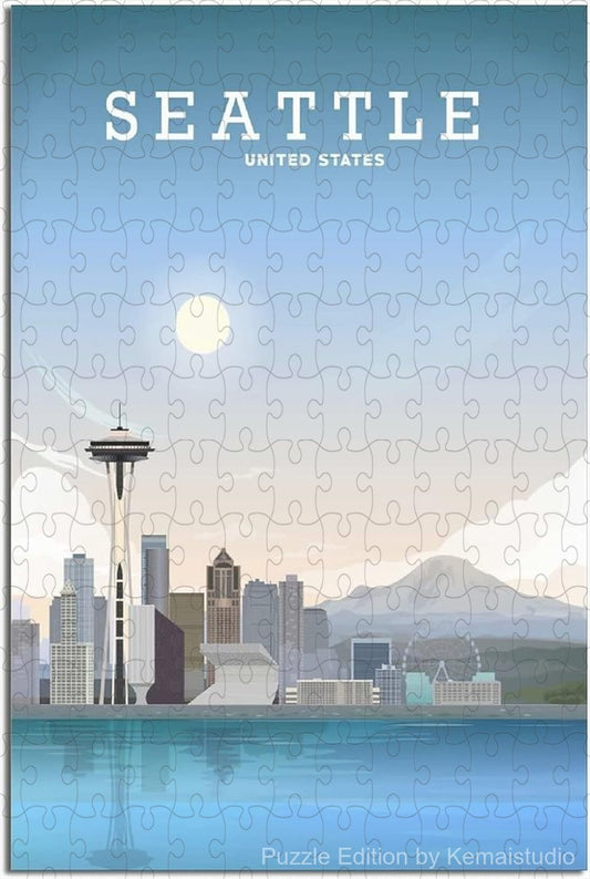 Wooden puzzle of Seattle's vintage skyline with classic travel poster look