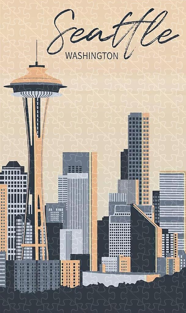 Seattle Washington vintage travel poster jigsaw puzzle for adults, 1000-piece wooden puzzle capturing Seattle's skyline and landmarks.
