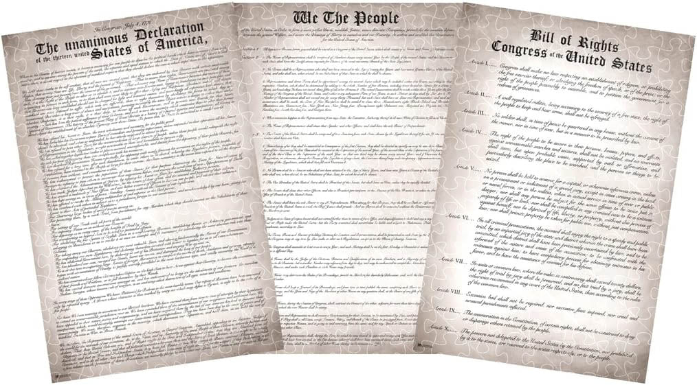 Set of 3 United States historical documents remastered, US Constitution poster, wooden adult puzzles