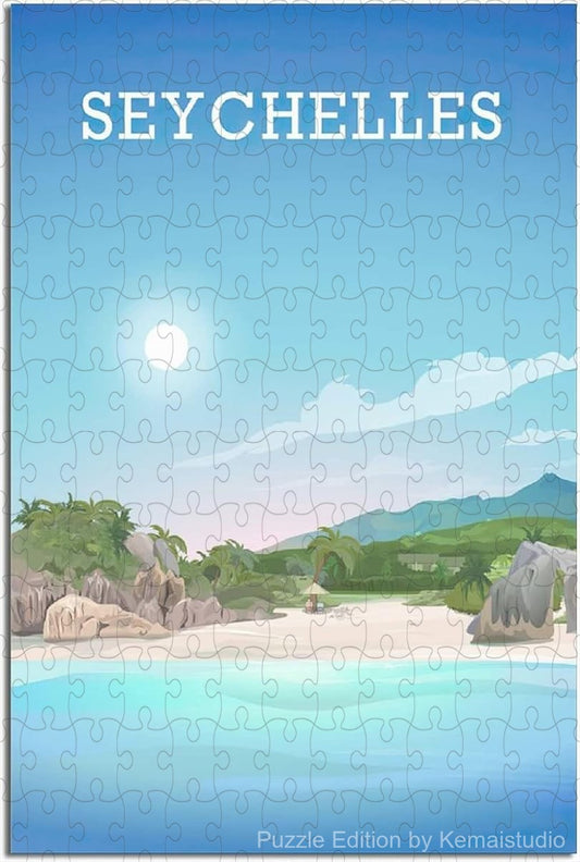 Puzzle showing Seychelles island coastline in vintage travel poster style