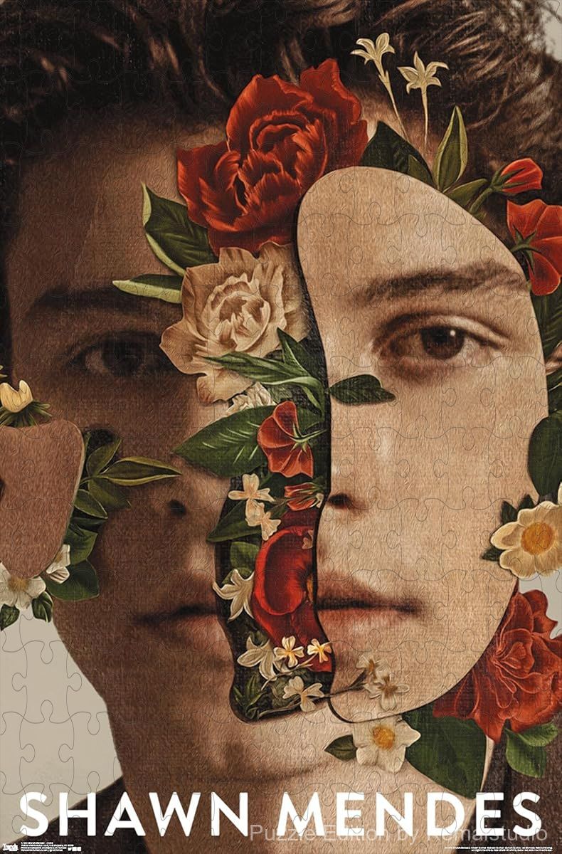 A serene portrait of Shawn Mendes surrounded by floral elements for fans of pop music and art