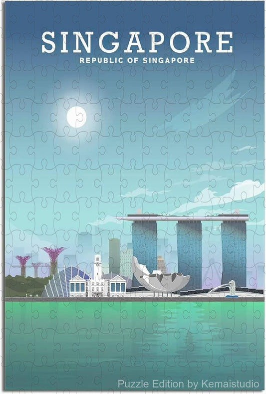 Puzzle image of Singapore's skyline in a stylized vintage travel format