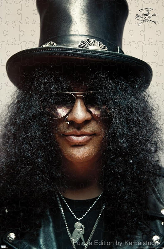 A stylish puzzle of Slash wearing his signature top hat, perfect for classic rock decor