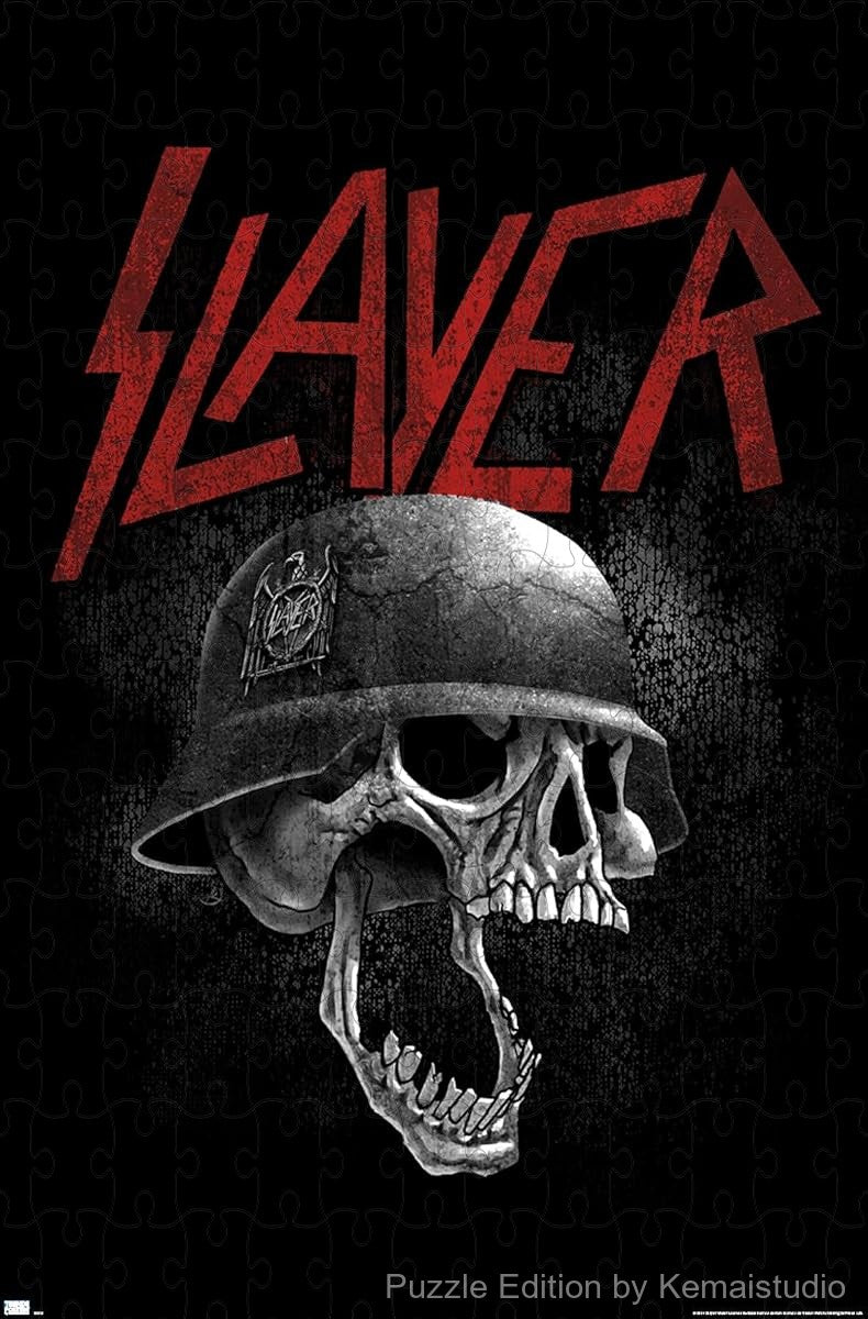 500-piece wooden jigsaw puzzle featuring Slayer's grey scale helmet artwork.
