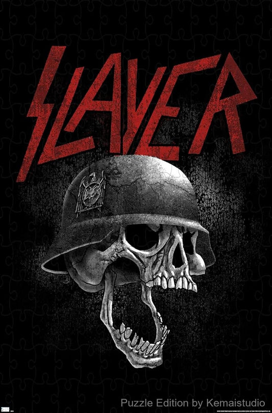 500-piece wooden jigsaw puzzle featuring Slayer's grey scale helmet artwork.