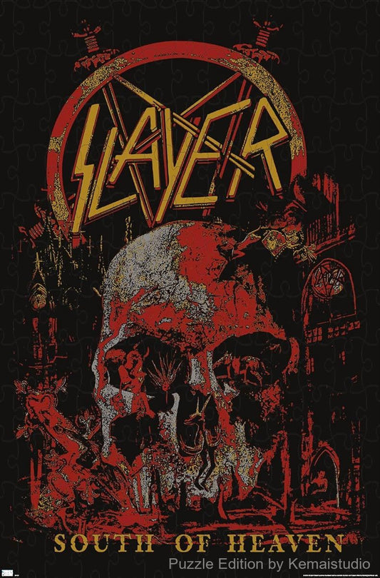 A dark and powerful puzzle inspired by Slayer's South of Heaven cover, ideal for metal room decor