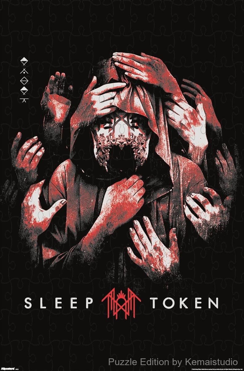 A bold puzzle of red grabbing hands from Sleep Token's artwork,ideal as modern wall decor