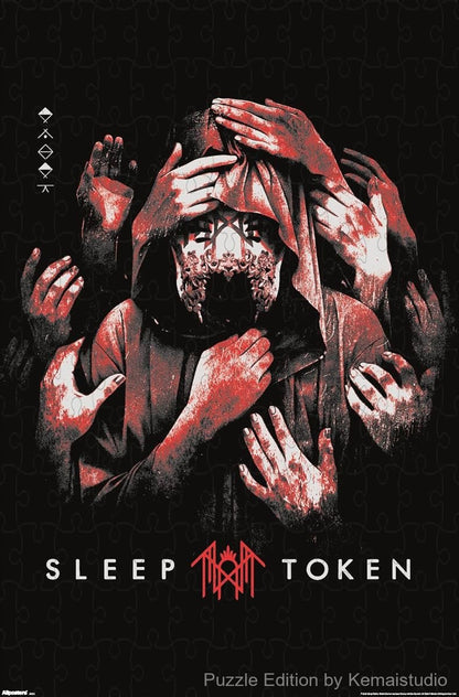 A bold puzzle of red grabbing hands from Sleep Token's artwork,ideal as modern wall decor