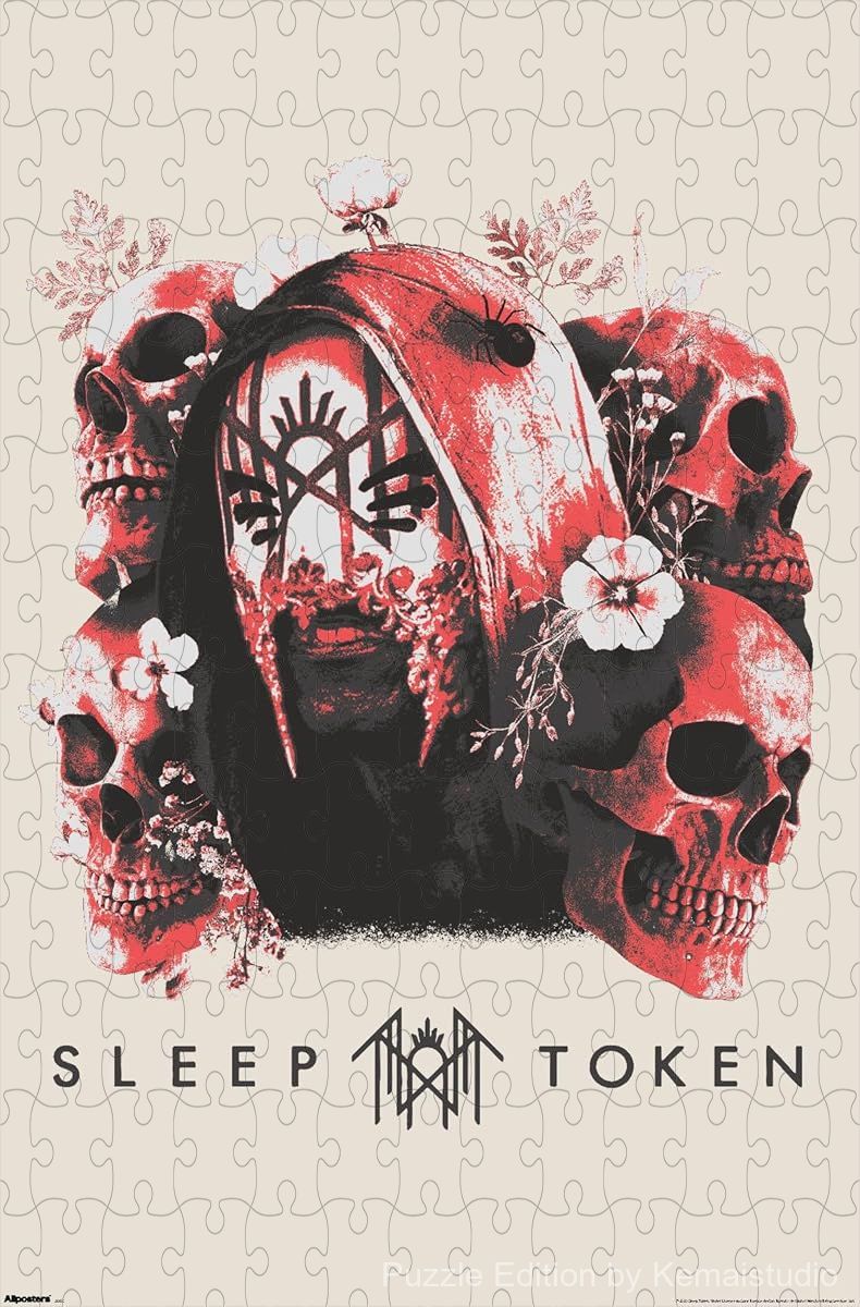 A symbolic puzzle of skulls and flowers,dark and serene, great for quiet puzzle sessions at home