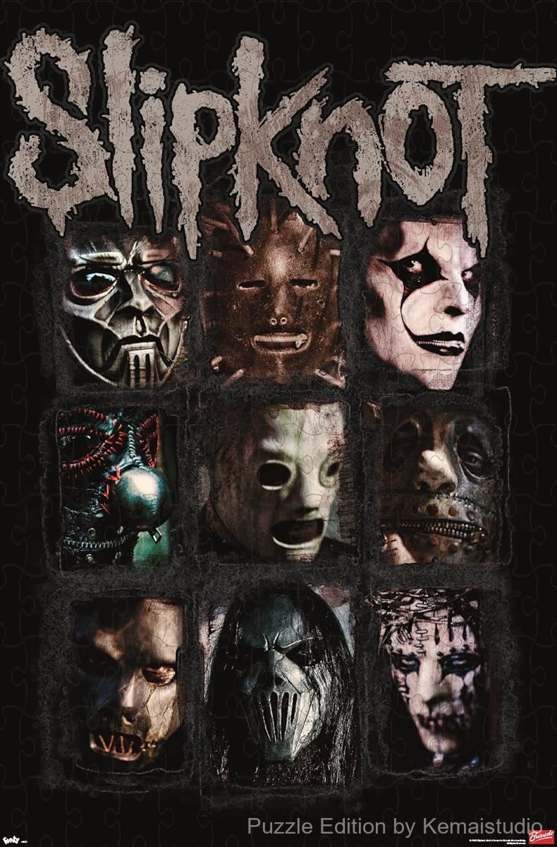 An intense and immersive jigsaw puzzle showing Slipknot's iconic mask series, perfect for fans and puzzle lovers