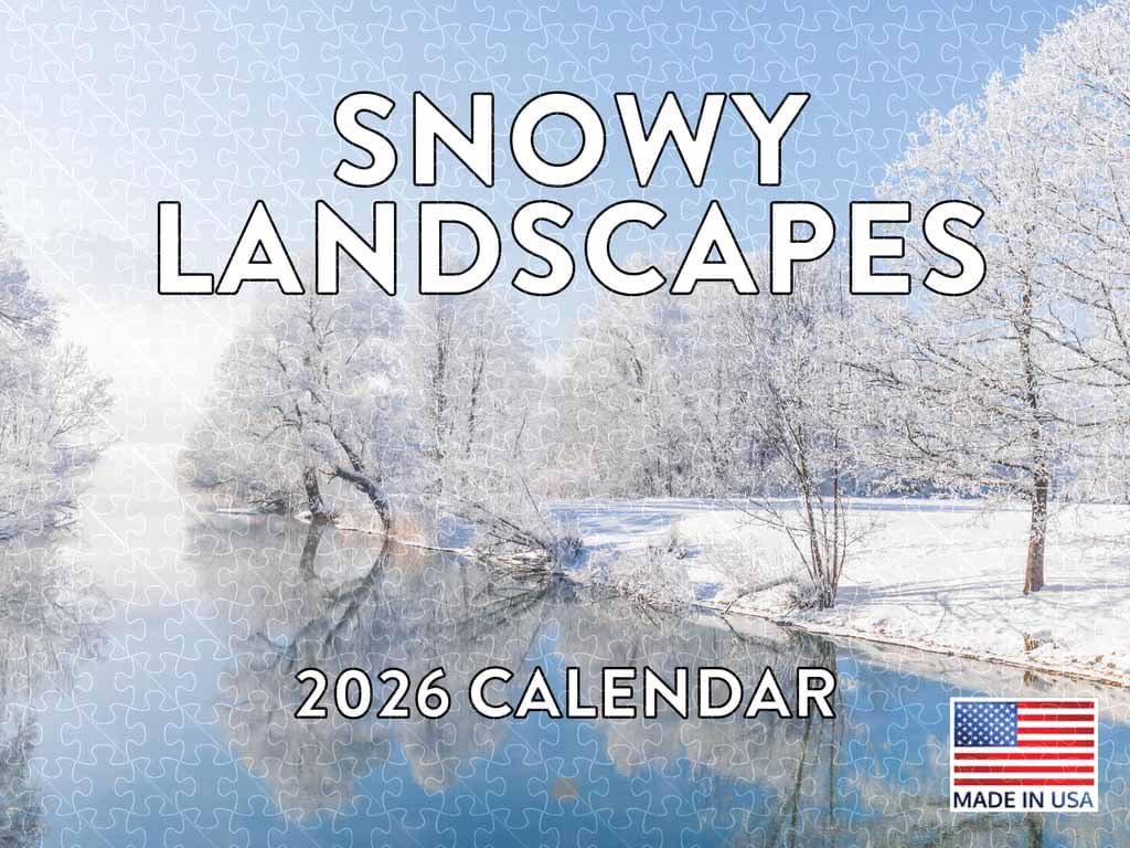 Snowy landscape 2026 calendar poster wooden puzzle, American made adult puzzle