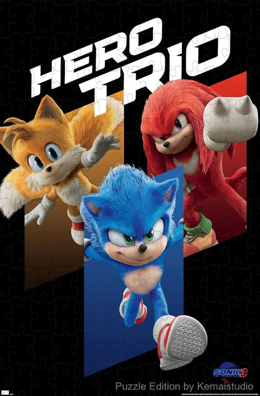 1000-piece wooden jigsaw puzzle featuring Sonic, Tails, and Knuckles from Sonic the Hedgehog 3.