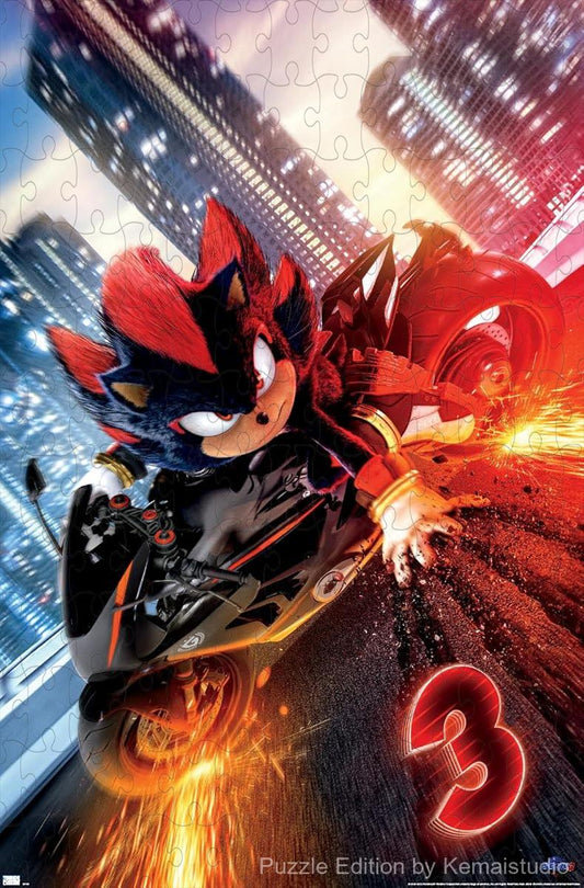 500-piece wooden jigsaw puzzle featuring Shadow on a motorcycle from Sonic the Hedgehog 3.