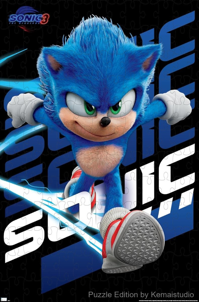 1000-piece wooden jigsaw puzzle featuring Sonic the Hedgehog in action.