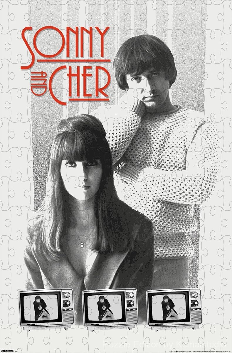 A retro puzzle featuring Sonny and Cher with vintage televisions, ideal for nostalgic displays