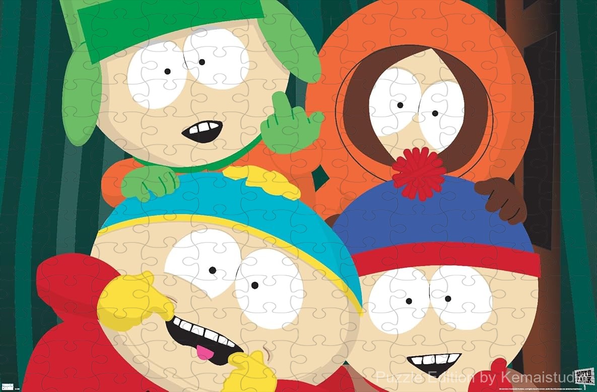 500-piece wooden jigsaw puzzle featuring a closeup of characters from South Park.
